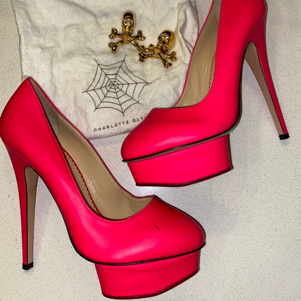 Auth. Charlotte Olympia Neon Pink Platform Heels